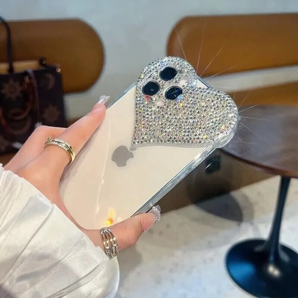 iPhone 13 Pro Los Angeles Boutique Clear Heart Rhinestone Luxury Crystal Case